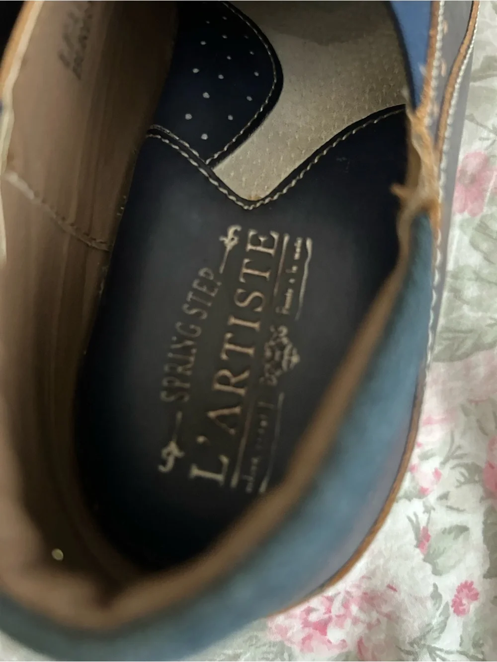 Spring Step Navy Leather Floral-Stitched Wedge Slip-Ons